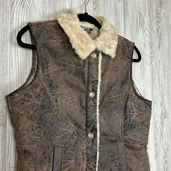 Woolrich Saddle Brown Leaf Embroidered Faux Leather Faux Fur Lined Vest Sz M - Picture 2 of 14